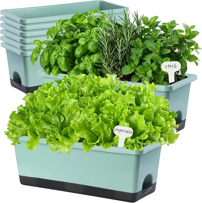 Window Box Planter 8 Pcs, 17 Inches Rectangle Flower Pots with Drainage Holes & Trays, Vegetable Planters for Windowsill Patio Garden Balcony Home Indoor Outdoor (Green, 16 * 7 * 6 inch)