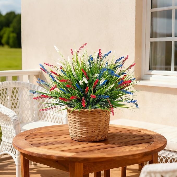 Artificial Faux Plants for Outdoor Spring Decoration, 12 Pcs Fake Monkey Grass for Garden Porch Balcony Planters, Fake Flowers Shrubs UV Resistant No Fade Plants Greenery Bush (Red Blue White)