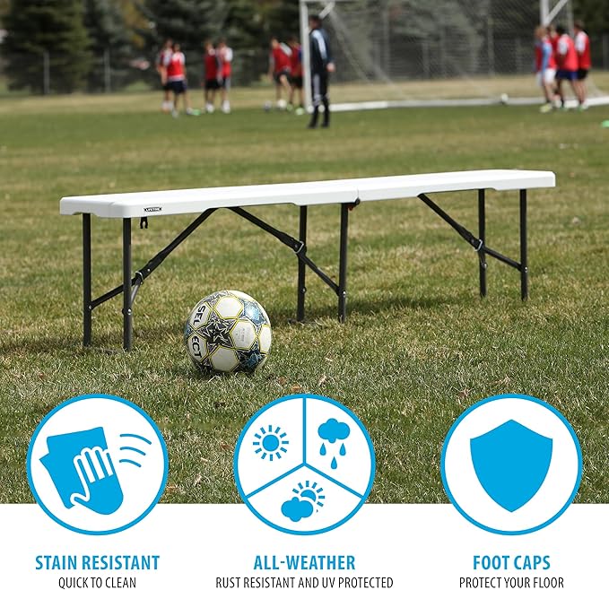 LIFETIME Portable Folding Bench, 6‑Foot Fold‑in‑Half, UV‑Resistant Seat, Powder‑Coated Steel Frame, Lightweight, Stain‑Resistant, Non‑Marring Foot Caps, Indoor/Outdoor Portable Seating