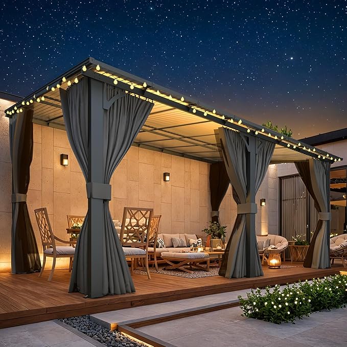 AECOJOY 16' x 10' Gazebo Outdoor Pergola for Patio with Curtains and Netting, Large Wall-Mounted Hardtop 10x16 Lean to Metal Gazebo Shelter Pergolas and Gazebos Clearance with Patio Roof