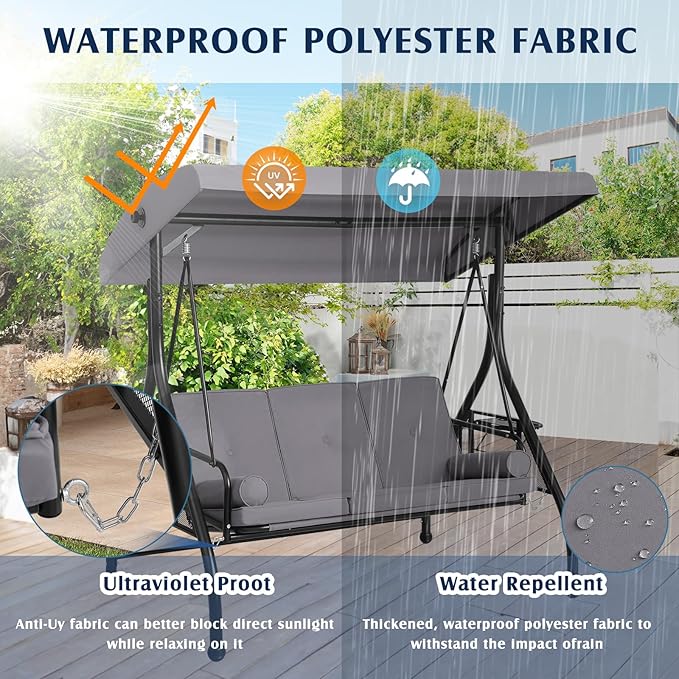 Grepatio Outdoor Porch Swing with Canopy and Stand, 3 Person Patio Swing for Adults, Convertible 2 in 1 Porch Bed Swing with Cup Holder, 3 Seat Swings with 2 Pillow Cushions for Garden, Yard (Grey)