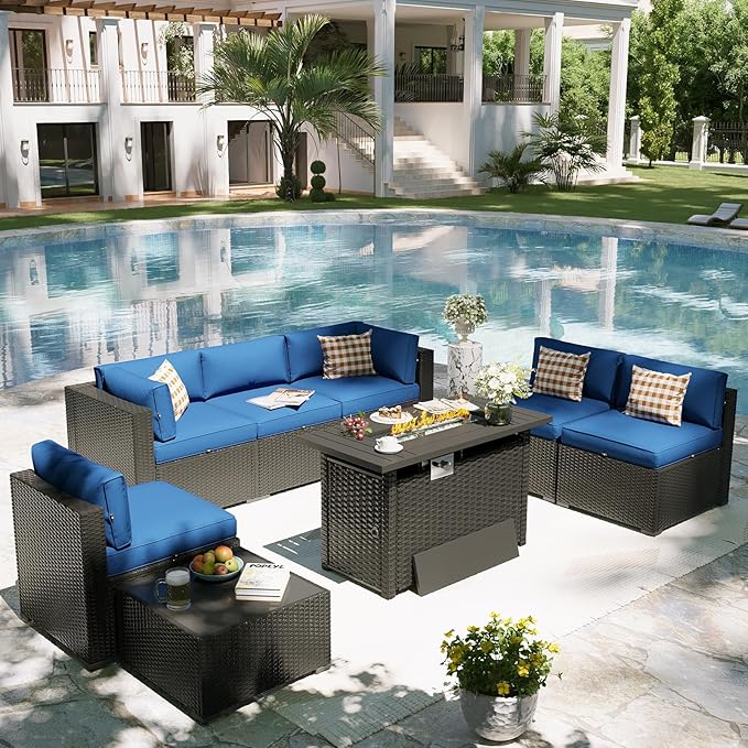 Aoxun Patio Furniture Set with Fire Pit Table, 8 Piece Outdoor Sectional Sofas, Wicker Rattan Outdoor Furniture with Thickened Cushion for Backyard, Garden Navy Blue