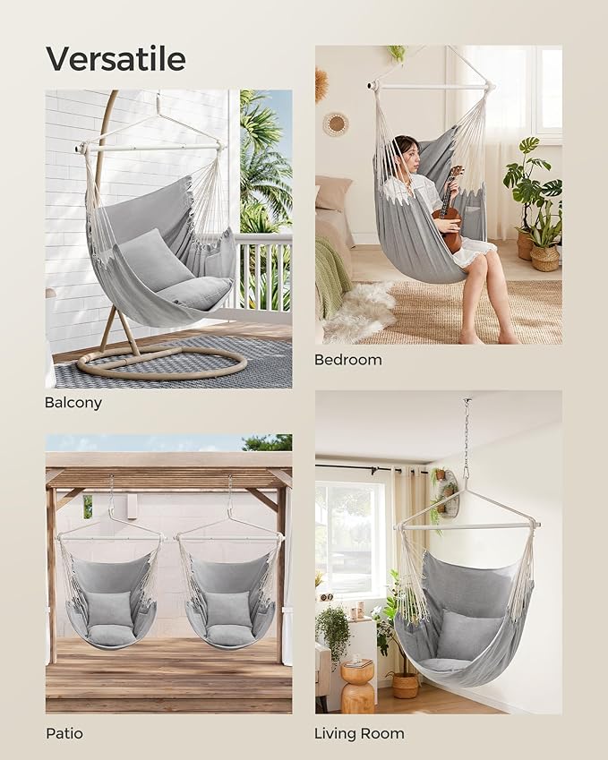 SONGMICS Hammock Chair, Load Capacity 500 lb, Hanging Chair with 2 Cushions, Large Hammock Swing with Chain and Pocket, for Indoor, Outdoor, Living Room, Bedroom, Dove Gray UGDC197G01