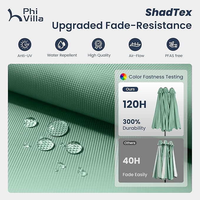 PHI VILLA 15ft Large Patio Umbrellas with Base, Outdoor Double-Sided Rectangle Market Umbrella for Pool Lawn Garden, Mint Green