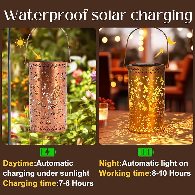 Solar Lanterns Outdoor Hanging Lantern Lights,Fairy Metal Decor Lanterns-Waterproof LED Decorative Light for Garden Patio Yard Lawn Backyard Front Porch as Gifts for Mom Grandma Women