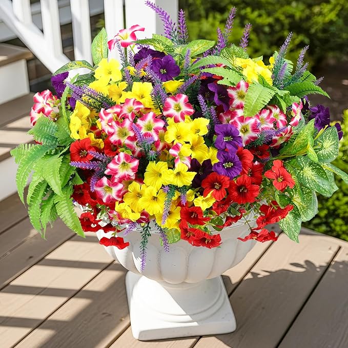 HOHOTIME 21 Bundles Artificial Flowers for Outdoors, No Fade Fake Plastic Flowers Faux Plants, Eucalyptus Morning Glory for Hanging Planters Garden Porch Window Box Home Wedding Farmhouse