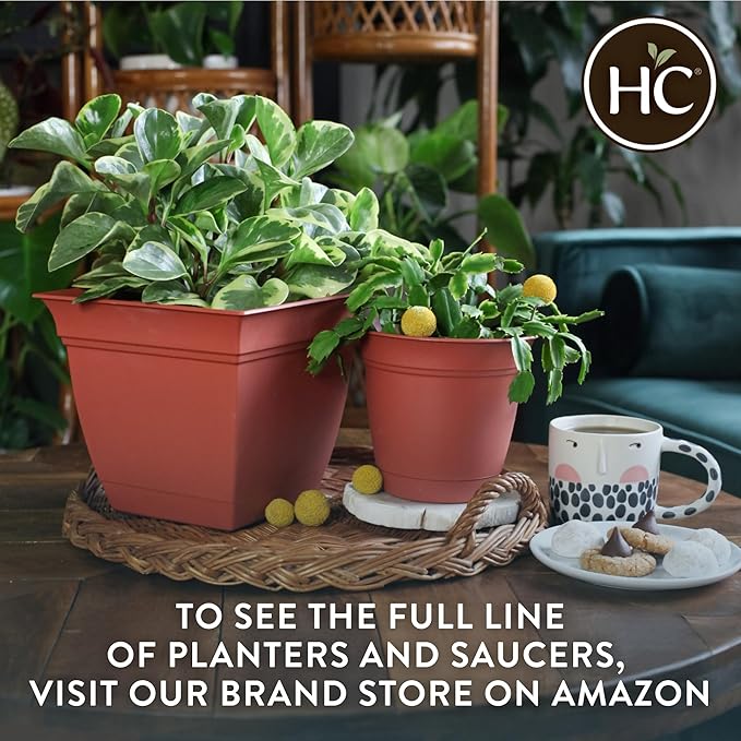 The HC Companies Eclipse Square Plastic Planter w/Attached Saucer - Outdoor & Indoor Plant Pot with Drainage Holes - Lightweight, UV-Resistant Plastic Pots for Plants (6" Cappuccino, Pack of 1)