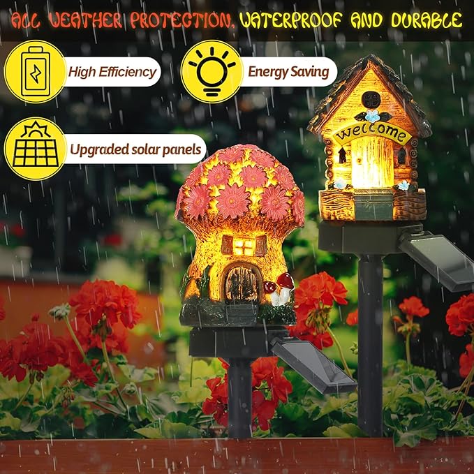 2 Pack Mushroom Fairy House Solar Light Spring Outdoor Garden Home Statue LED Light Fairy Lights for Outside Spring Garden Lawn Walkway Patio Yard Backyard Plant Decoration