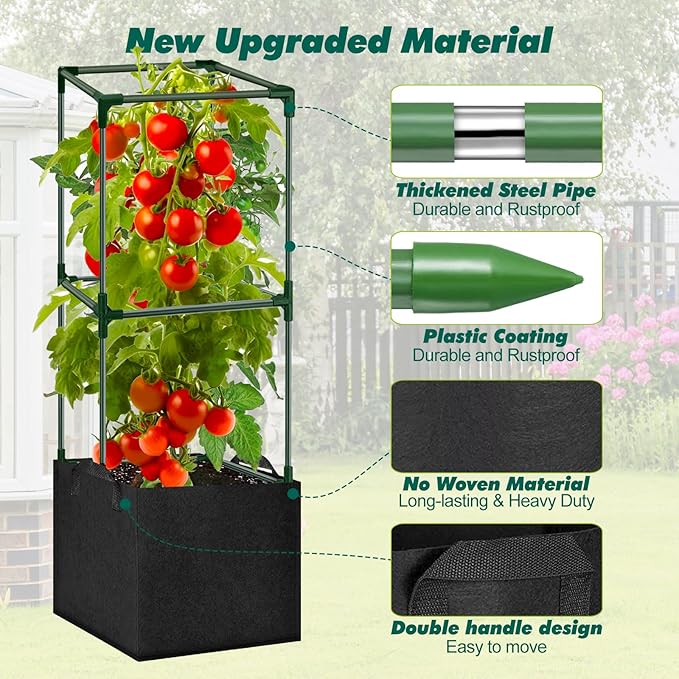 3 Pack Tomato Cages 47 Inch for Garden with 19.5 Gallon Square Grow Bags Planter Pots with Heavy Duty Trellis Plant Stakes Support Frames for Vertical Climbing Cucumber Vegetables Flowers