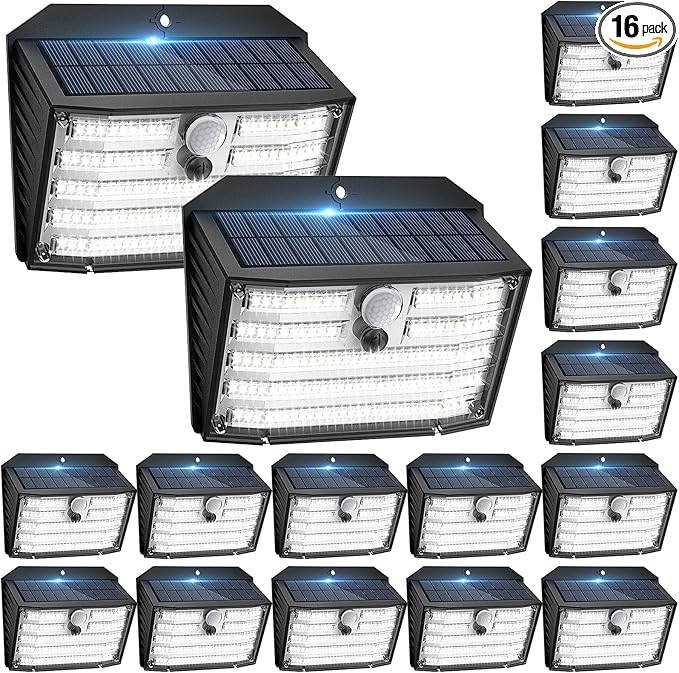 [16 Packs] Solar Motion Lights Outdoor, Ultra Bright Solar Fence Lights with Motion Sensor, IP65 Waterproof Security Light 3 Modes, 270° Lighting Angle, Wall Lights for Deck Patio Fence Garage Door