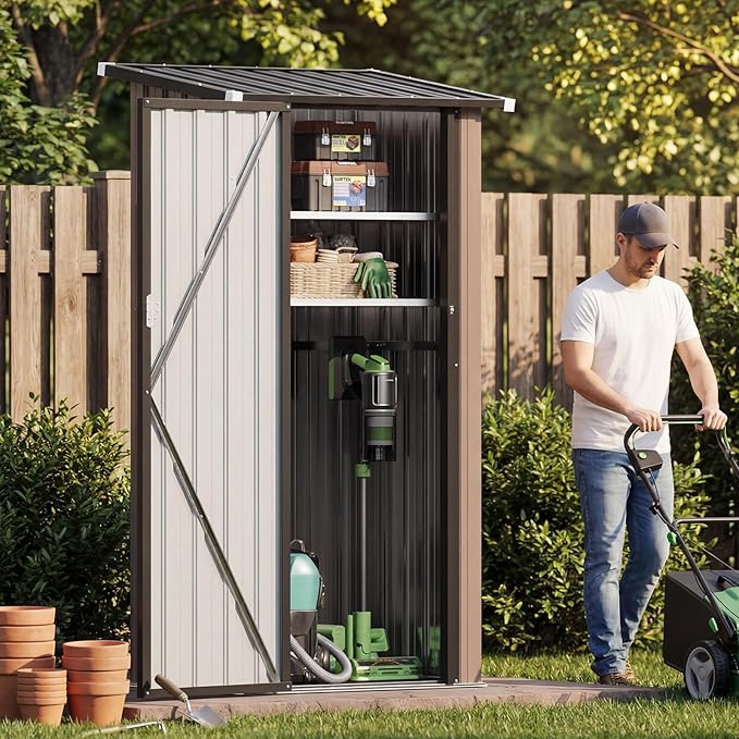 Aoxun Outdoor Storage Shed with Floor - Vertical Cabinet with 2 Adjustable Shelves & Lockable Doors, Waterproof Small Tool Shed, for Backyard Garden Patio Lawn Indoor, Brown