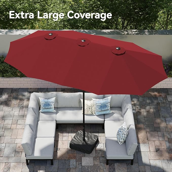PHI VILLA 15ft Patio Umbrella Double-Sided Outdoor Market Extra Large Umbrella with Crank, Umbrella Base Included (Dark Red)