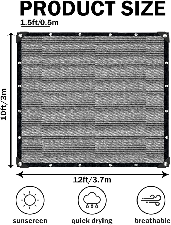 10x12 FT Sun Shade Cloth with Grommets, Pergola Shade Cover Canopy, 90% Sunblock Fabric Fence Privacy Screens for Outdoor, Garden, Patio, Balcony, Carport, Porch, Deck (Gray)