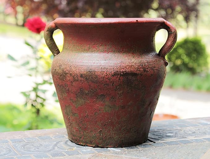 Egyptian Era Designed Earthen Ware Terra-Cotta Vessel/Planter with Looped Handles (Flared Lip Distressed Red Earth)