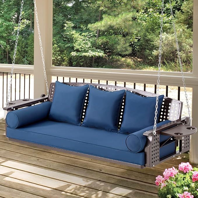3 Seat Porch Swing, Patio Swing Bench with Cup Holders & 3 Back Cushions, Swing Chair with Chains for Deck Garden Backyard,Blue
