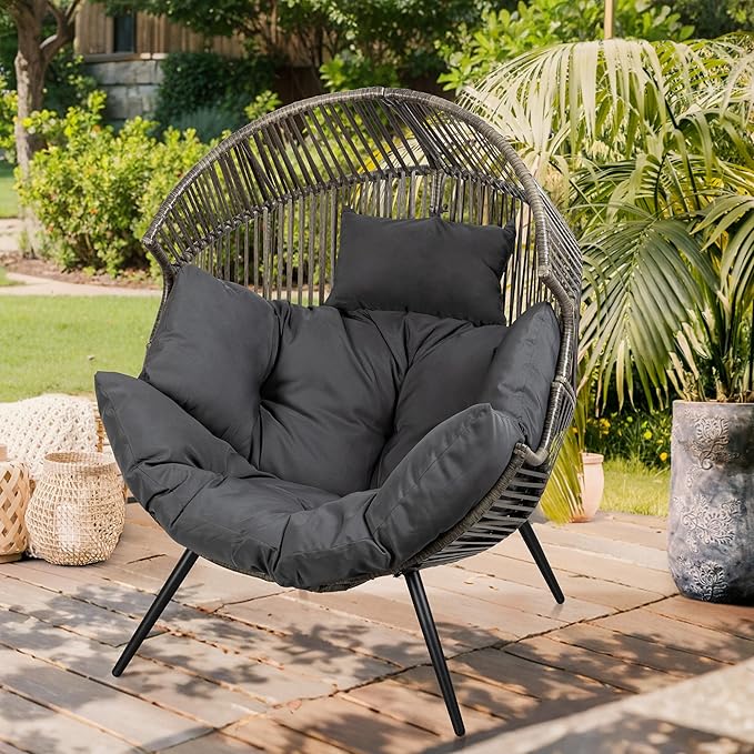 Vongrasig Outdoor Wicker Egg Chair PE Rattan Chair with Cushion, Oversized Patio Lounge Chair for Outdoor, Indoor, Balcony, Backyard, Garden, Black/Rattan