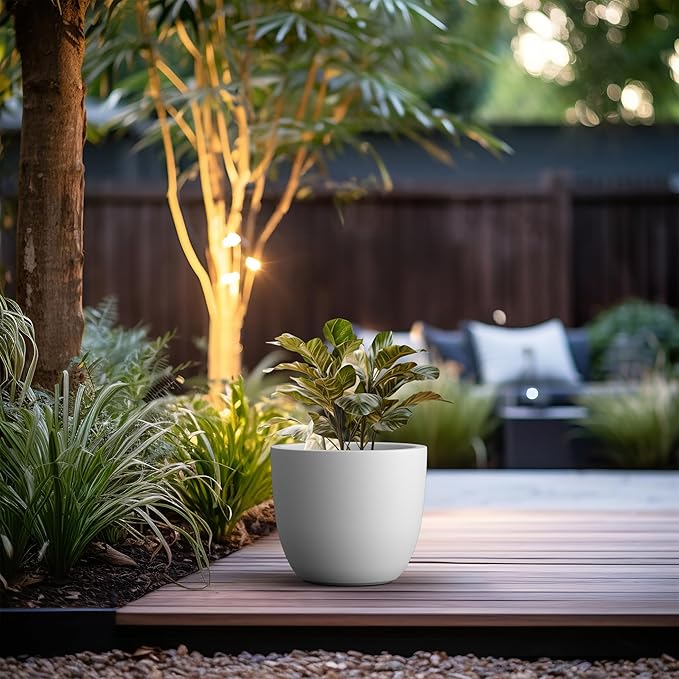Kante 14 Inch Dia Round Concrete Planter, Indoor Outdoor Large Plant Pot with Drainage Hole and Rubber Plug for Home Patio Garden, Pure White