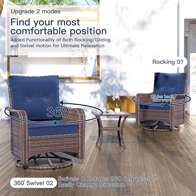 Kullavik 10 Pieces Outdoor Patio Furniture Set,PE Wicker Rattan Sectional Sofa Patio Conversation Sets with 43" 55000BTU Gas Propane Fire Pit Table,Swivel Rocking Chairs Set,Navy Blue