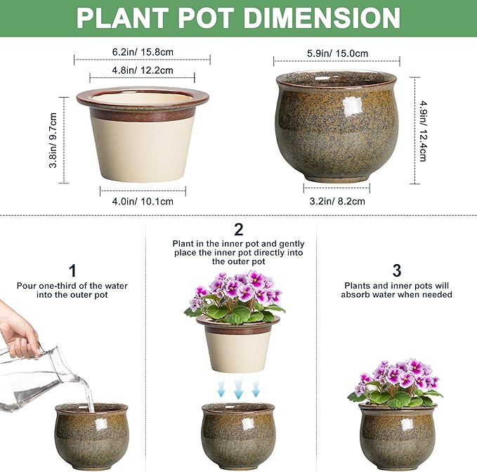 Self Watering Planters for Indoor Plants, 6 Inch Ceramic African Violet Pots with Absorbent Inner Pot, Ceramic Plant Pot, Round Flower Pots, Bathroom Decor, Housewarming Gifts, Yellowish Brown