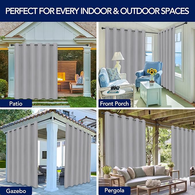 PureFit Outdoor Curtains for Patio Waterproof Weatherproof, UV Resistant Outside Curtains for Gazebo, Front Porch, Pergola, Sun Blocking Privacy Curtain, 100W x 95L inch, 1 Panel, Light Gray