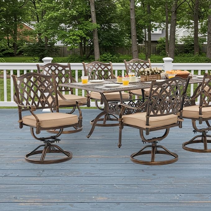 9-Piece Cast Aluminum Patio Furniture, Outdoor Dining Sets for 8 Include 87" Rectangular Patio Dining Table and 8 Swivel Chairs with Cushions & Umbrella Hole(Bronze)