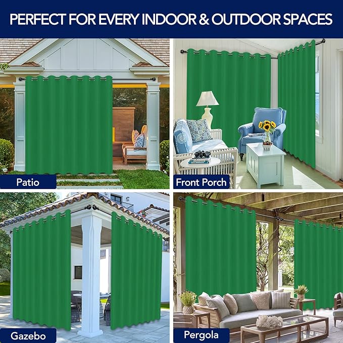 PureFit Outdoor Curtains for Patio Waterproof Weatherproof, UV Resistant Outside Curtains for Gazebo, Front Porch, Pergola, Sun Blocking Privacy Curtain, 120W x 84L inch, 1 Panel, Green