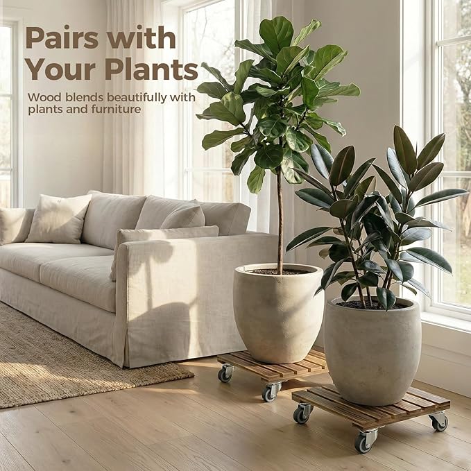 Bamworld Wood Plant Caddy with Wheels, 300lb Capacity, Heavy Duty Planter Stand with Wheels 12inch Plant Dolly 2 Pack Premium Quality, Ready to Use