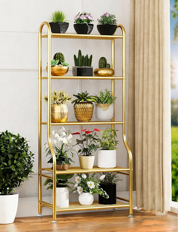 5-Tier Metal Plant Stand Indoor Outdoor, Waterproof Flower Stand for Multiple Pots, Heavy Duty Plant Stands for Living Room Patio Garden Decor, Tall Plant Shelf with Leveling Feet, Gold