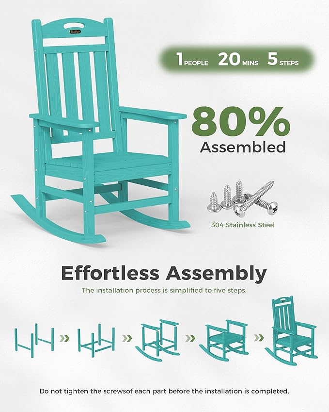 Oversized Outdoor Rocking Chair, High Back Porch Rocker Chair, HDPE All Weather Resistant Rocking Chairs for Patio, 380lbs Weight Capacity, Lake Blue