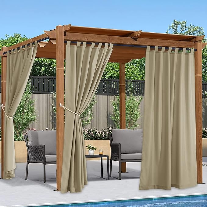 NICETOWN Patio Curtains Outdoor Waterproof 84 inch Long 2 Panels=110" Wide, Tab Top Thermal Insulated Water Resistant Outdoor Drapes Keep Privacy for Pergola/Arbor, Taupe