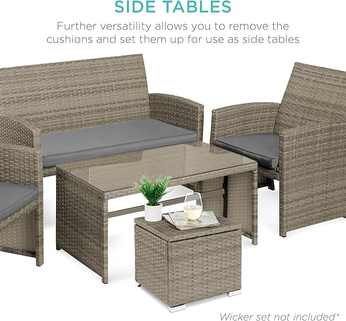 Best Choice Products Set of 2 Wicker Ottomans, Multipurpose Outdoor Furniture for Patio, Backyard, Additional Seating, Footrest, Side Table w/Storage, Removable Cushions - Cement Gray/Taupe