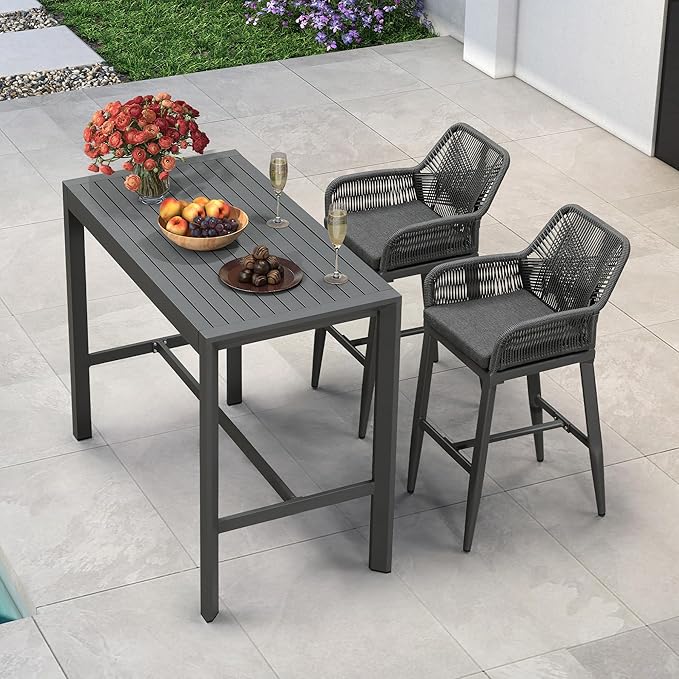 PURPLE LEAF Outdoor 29" Bar Stools Set of 2, Boho Patio Bar Height Chair with Cushion and Back for Outdoor and Indoor, Garden, Patio, Grey
