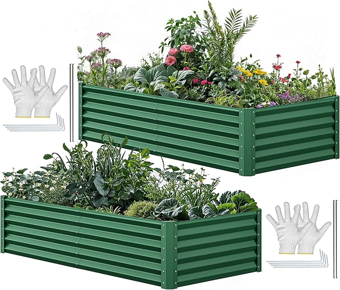 YITAHOME 72x36x18 in 2pcs Galvanized Raised Garden Bed Kit, Large Metal Planter Box with Gloves & Support Rod, Outdoor Flower Bed for Plants Vegetables, Green