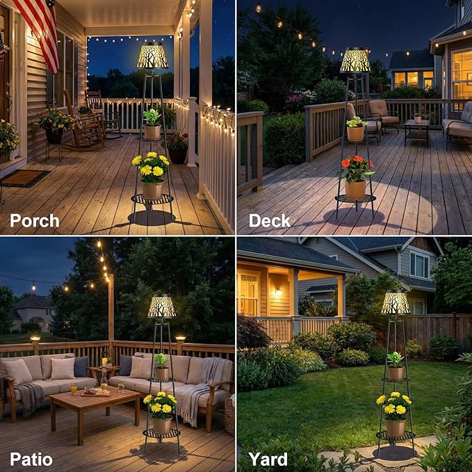 2 Pack 45.5'' Outdoor Floor Lamps with 2 Tier Plant Stand, Solar Powered Metal Waterproof Lights for Patio Deck Yard Garden Porch Decor