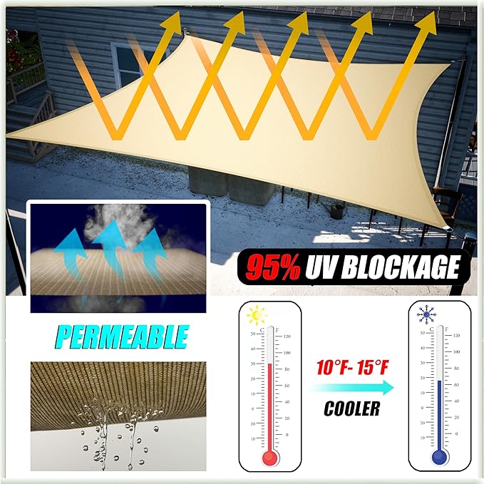 Amgo 16' x 16' x 16' Beige Triangle Sun Shade Sail UPF50+ Canopy Awning AGSLT, 95% UV Blockage, Water & Air Permeable, 200GSM Heavy Duty Commercial and Residential (We Make Custom Sizes)