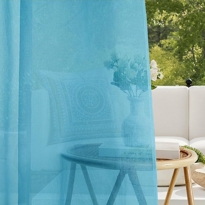 RYB HOME Waterproof Outdoor Curtains - Linen Like Translucent Breathable Sheer Curtains, Quick Dry Easy Slide Draperies for Backyard Patio Verandas, W 54" x L 84", 2 Pieces, Teal