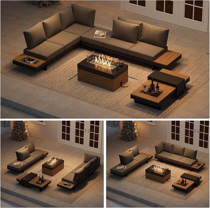 homary Patio Conversation Sets with Fire Pit-Modular Outdoor Sofa Aluminum & Teak Outdoor Sofa Se with Glass Wind Guard Ideal for Patios & Balconies, 6 Pepole