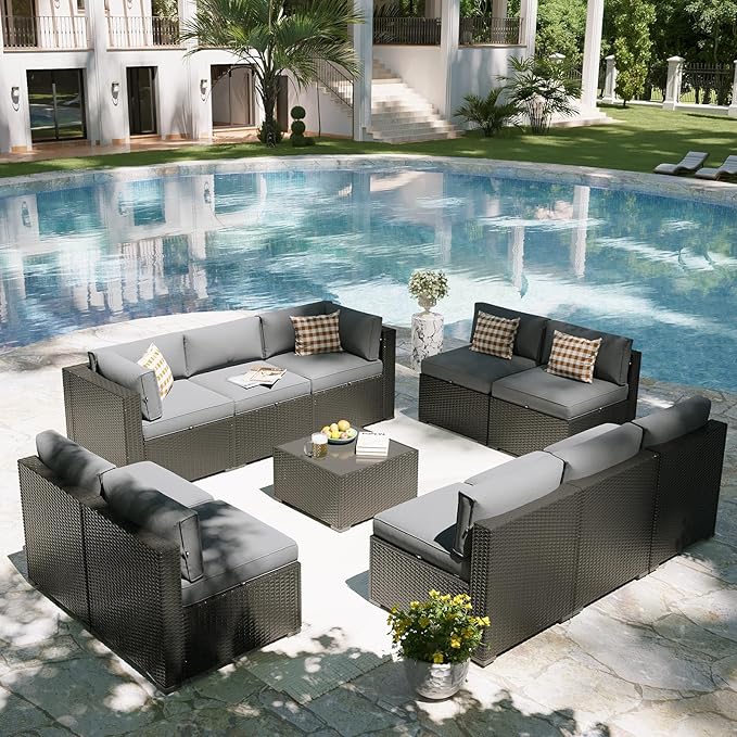 Aoxun Patio Furniture Set, 11 Piece Outdoor Sectional Sofas with Waterproof Cover, 10 Seats Wicker Rattan Outdoor Furniture Patio Conversation Set for Backyard, Garden Light Grey