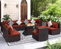 NICESOUL 11 Piece Modern Outdoor Patio Furniture Set with Firepit Propane/Natural Gas, 29.3'' High Back Wicker Conversations, 10 Seater Large Wide Sectional for Outside, Brown Rattan and Red Cushion
