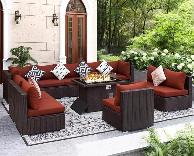 NICESOUL 11 Piece Modern Outdoor Patio Furniture Set with Firepit Propane/Natural Gas, 29.3'' High Back Wicker Conversations, 10 Seater Large Wide Sectional for Outside, Brown Rattan and Red Cushion