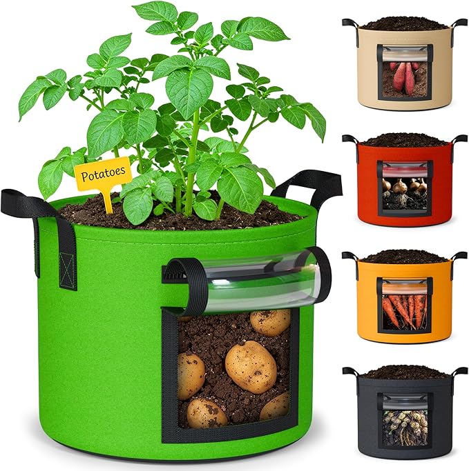 15 Gallon Potato Grow Bags: Set of 5 Colorful Gardening Supplies Fabric Pots with Harvest Window Reinforced Handles - Planting Container for Vegetable Tomatoes Carrot Flowers Balcony Patio Use