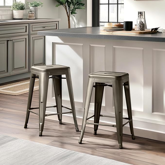 Yaheetech 24 Inch Metal Barstools Set of 4, Counter Height Backless Stools, Industrial Stackable Bar Chairs with Footrest for Kitchen/Dining Room/Bistro/Patio, Metal