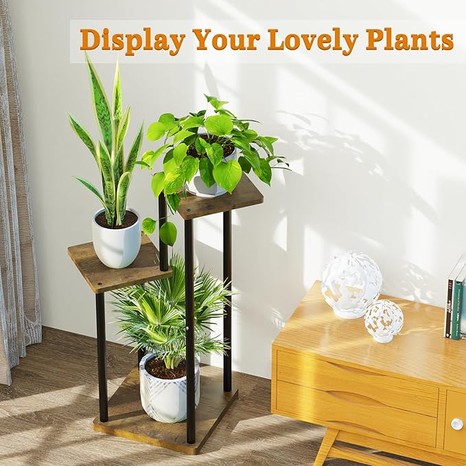3 Tier Corner Plant Stand Indoor, Metal Wood Flower Pot Holder Shelf, Multiple Display Rack Square Table for Living Room Bedroom Orchid Outdoor Balcony Garden Patio, Modern Black & Rustic Brown