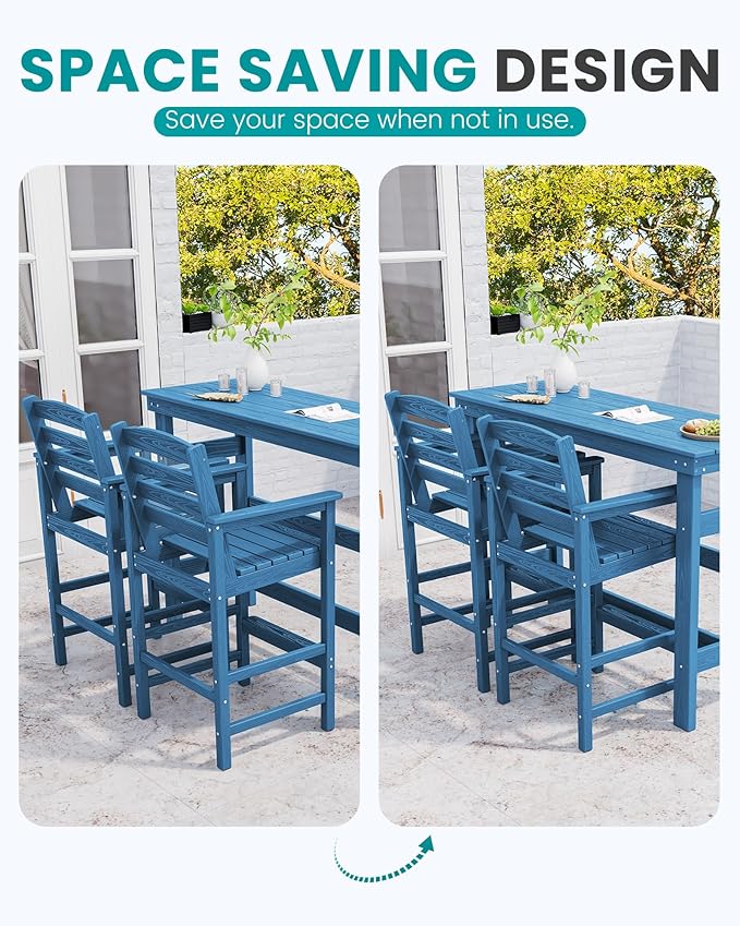SERWALL Outdoor Bar Table and Chairs Set, Adirondack Bar Chairs Set of 2 and Bar Height Table, All Weather HDPE Patio Bar Set, Outdoor Furniture for Outside, Blue