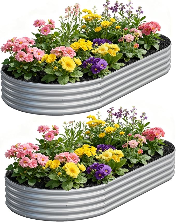 zizin 2 Pack Oval Galvanized Raised Garden Bed Kit 8x4x1ft Large Metal Planter Box for Outdoor Vegetables, Silver