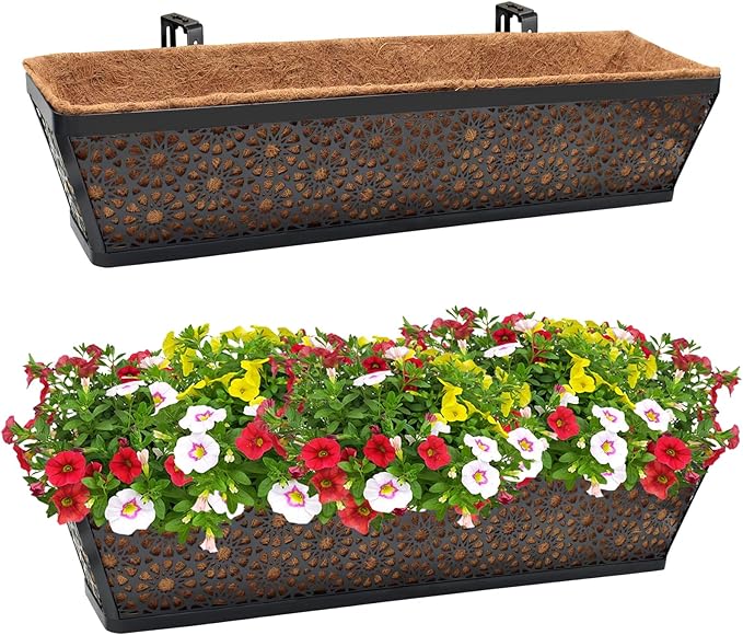 Halatool 2Pack 30 Inch Window Box with Coco Liner Sturdy Metal Railing Planter with Coconut Coir Basket Liners for Window Deck Fence Porch and Patio Outdoor Indoor Lawn