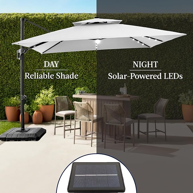 Best Choice Products 12x12ft LED Cantilever Patio Umbrella w/Base Included & 360° Rotation, Large Solar Offset Hanging Outdoor Sun Shade for Deck, Backyard Table w/Stand & Lights – Fog Gray