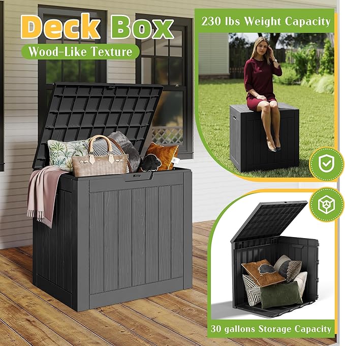 30 Gallon Outdoor Storage Box, Large Resin Deck Box for Patio Cushions, Garden Tools, Pool Accessories, Waterproof and Lockable Design, Storage Bench for Backyard & Deck(Black)