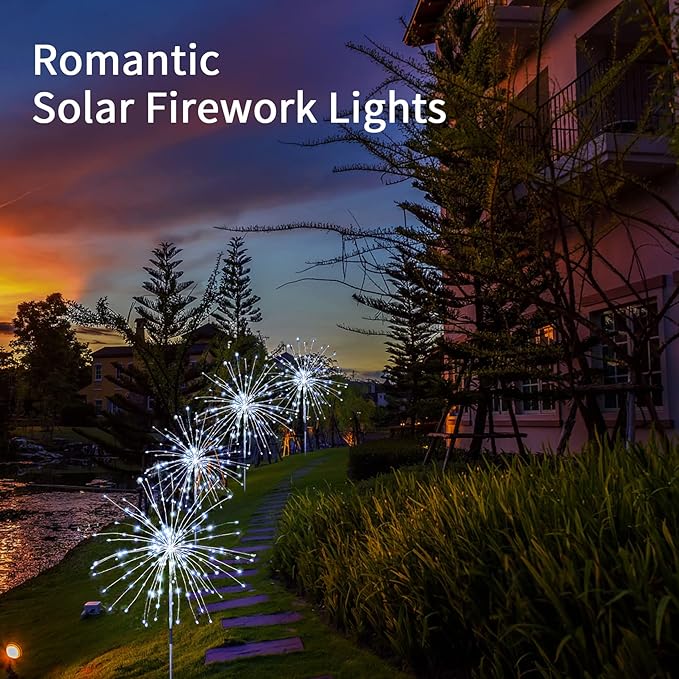 JJGoo Solar Firework Lights, 2 Pack 120 LEDs 2 Lighting Modes Solar Garden Lights Outdoor Waterproof for Yard Patio Walkway Pathway Party Wedding Christmas Decorative- Cool White