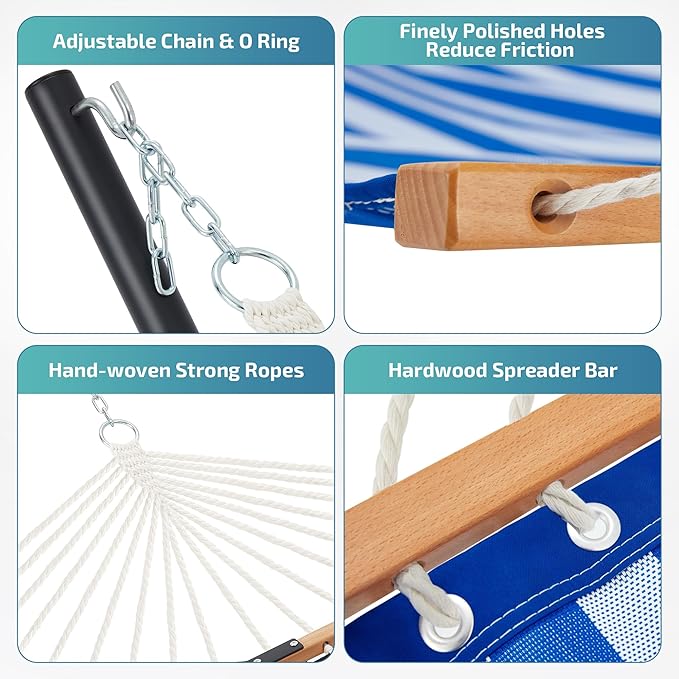 Two Person Hammock with Stand for Outside Heavy Duty, Outdoor Patio Hammock with Portable Steel Stand, Large Double Hammocks with Quick Dry Textilene Fabric,480lbs Capacity.(Blue White)